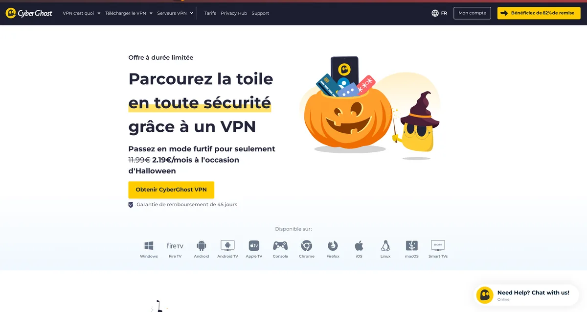 Page d'accueil de CyberGhost VPN, capture du 31 octobre 2026