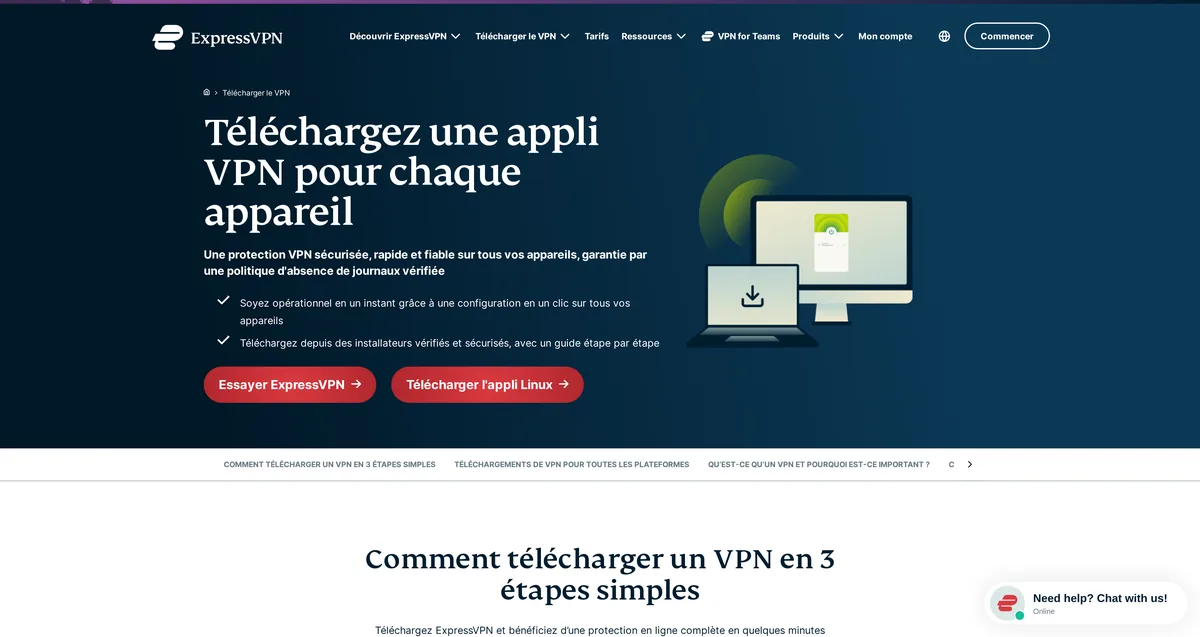 Page de téléchargement des applications ExpressVPN pour tous les appareils, capture du 31 octobre 2026