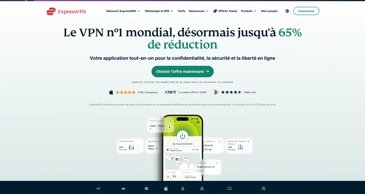 Page d'accueil d'ExpressVPN, capture du 31 octobre 2026