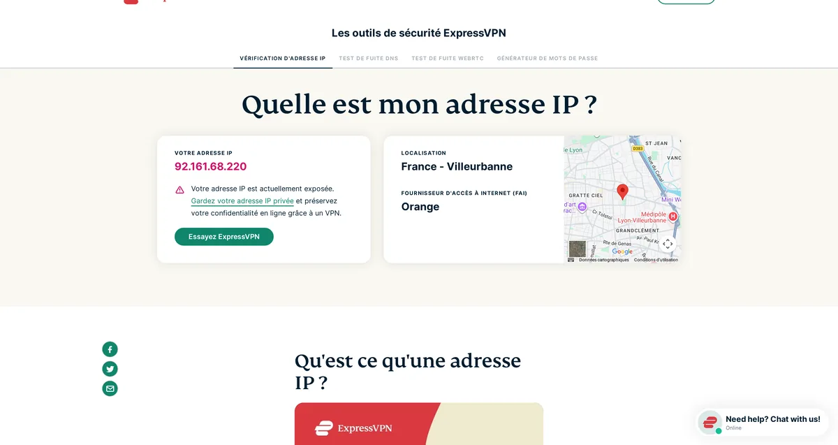 Outil « Quelle est mon adresse IP » d'ExpressVPN, capture du 31 octobre 2026